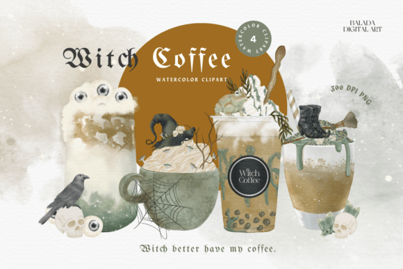 Halloween Witch Coffee Watercolor PNG