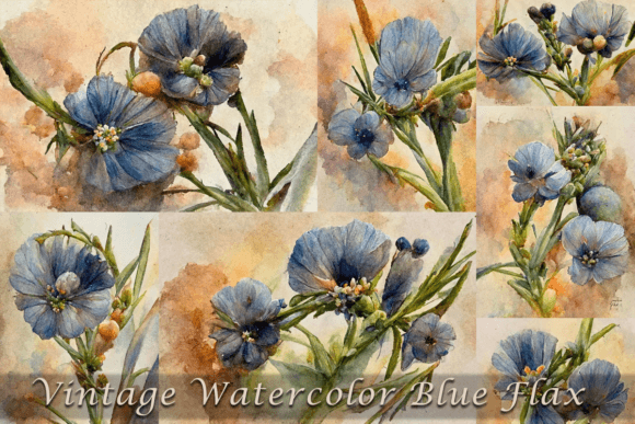 Vintage Watercolor Blue Flax Flower Illustrations for Real Crafters