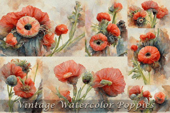Vintage Watercolor Poppy Flowers Illustrations for Crafters & Etsy Sellers