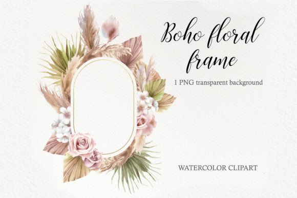Watercolor Boho Gold Floral Frame PNG for Editorial and Web Design Use