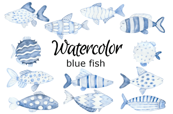 Watercolor Clipart Blue Fish Fishing Art for Editorial & Web Design