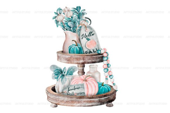Watercolor Farmhouse Tiered Tray Illustrations for Digital Sellers