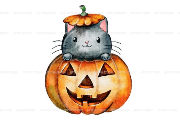 Watercolor Halloween Cat in Pumpkin PNG: Festive Illustrations for Seasonal Branding