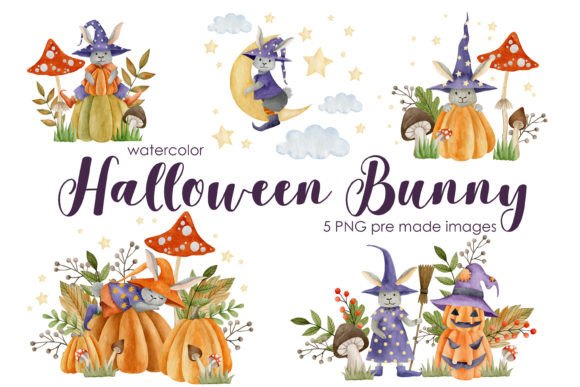 Watercolor Halloween Clipart: Bunnies for Branding & Marketing Visuals