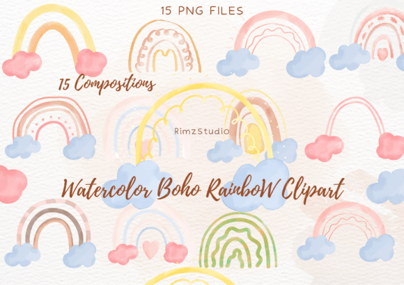 Watercolor Rainbow BOHO Clipart Png Set for Branding & Creative Design