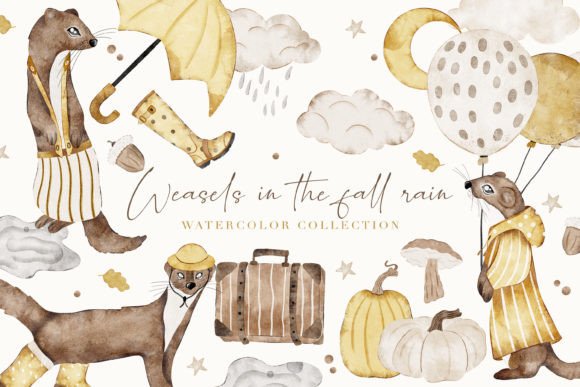Weasels in the Rain Watercolor Cute Set: A Charming Illustration for Bloggers and Digital Publishers